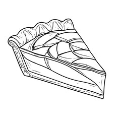 Detailed line art illustration of a classic apple pie slice with a fluted crust and layered apple filling.