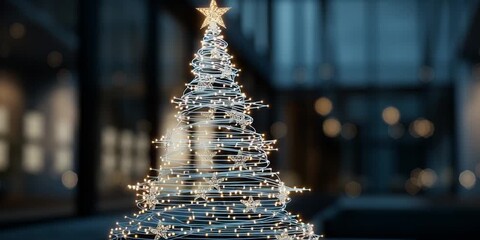 high-tech Christmas tree made of glowing circuits and fiber optics, decorated with LED ornaments and digital stars, modern minimal interior - Powered by Adobe
