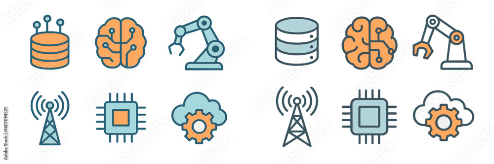 Poster technology icons representing artificial intelligence, automation, and data processing in modern dig