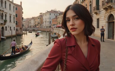 Stylish woman with black wavy bob hair poses seductively near Venice Rialto Bridge trendy outfit Grand Canal gondolas backdrop cinematic