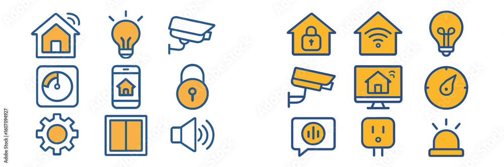 Poster collection of smart home icons representing security and automation features showcased in a structur