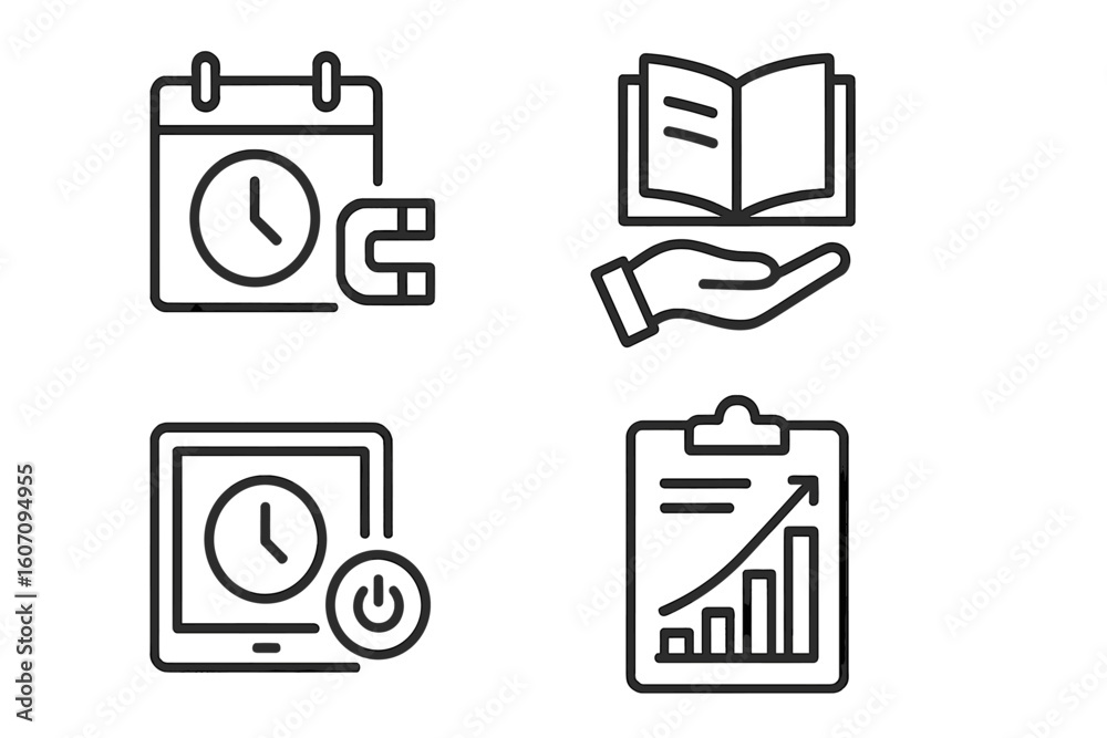 Poster symbols of time management and productivity displayed through various icons representing scheduling,