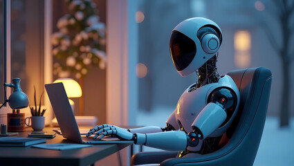 Cute ai robot use laptop in cozy remote work and coffee cup in winter season and a view snow of the outdoors