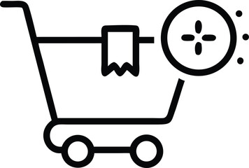 Black shopping cart icon with add badge and wishlist