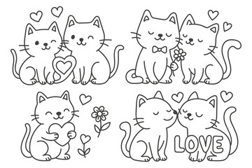 Cute cats in love, doodle style line art vector illustration set