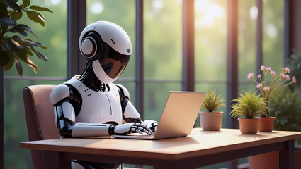 Cute ai robot use laptop in comfortable work place in home area near window, minimalist decor, perfect workspace. remote work, work form home. Artificial intelligence ai and machine learning.