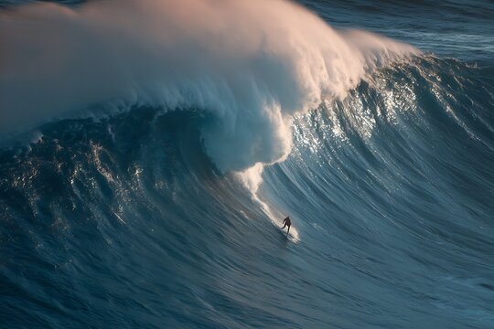 A surfer catching a massive wave