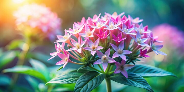 Colorful pentas flower with delicate petals and intricate details, set against a soft focus blurred background with subtle gradient colors , beautiful flowers, blurred background