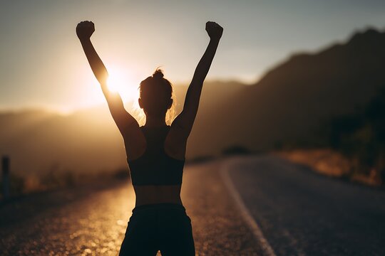 silhouette of a young woman in the sunset after finish jogging