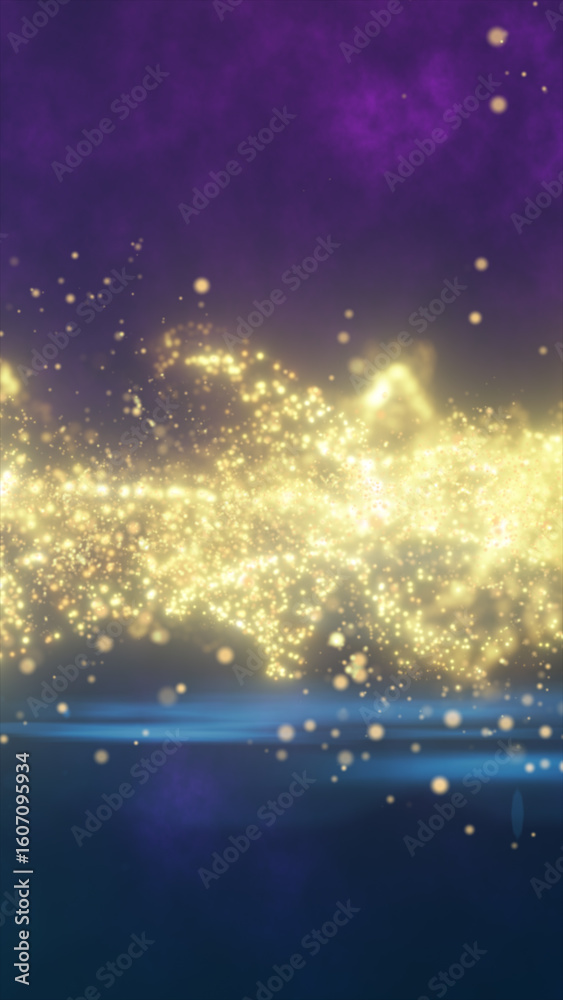 Poster abstract field of golden particles floating across a purple and blue cosmic background, creating a d