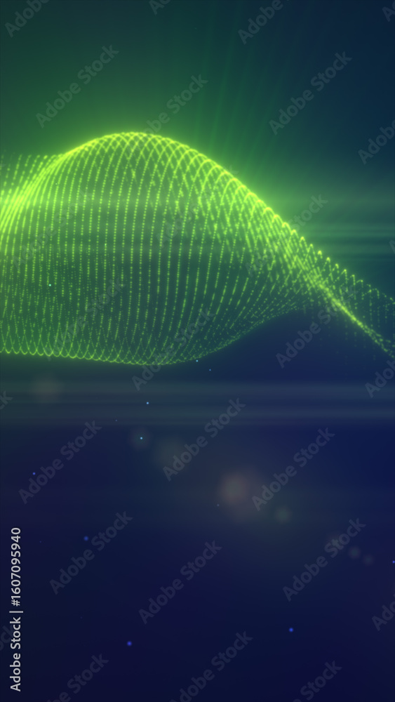 Wall mural abstract neon green glowing waves formed by particle lines moving in a digital wave structure on a d