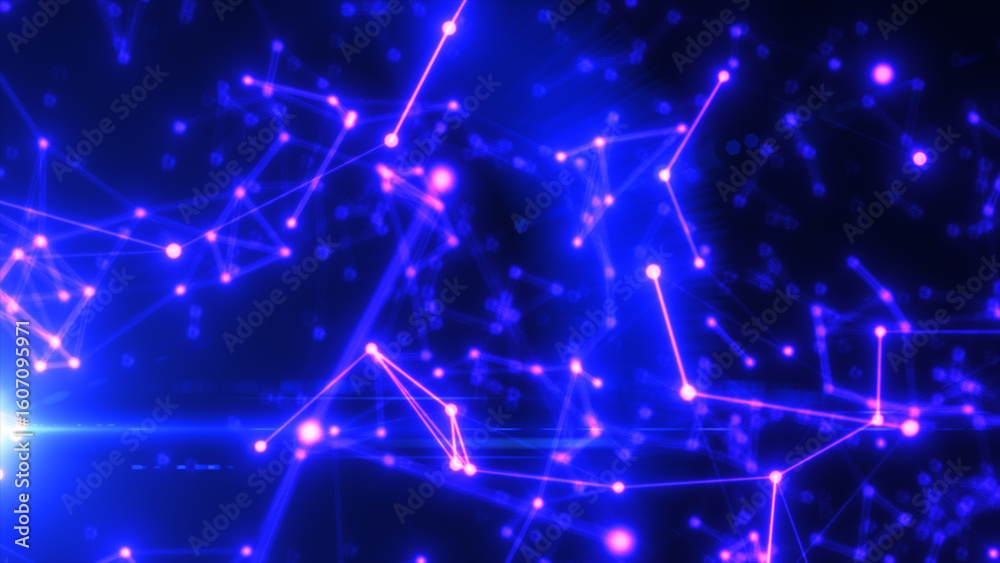Poster futuristic abstract neural web with glowing pink and blue nodes connected in a tech-inspired network