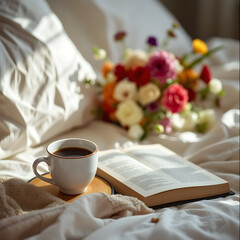 A cup of coffee and a book are on a bed