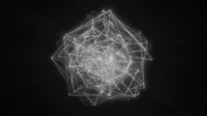 Glowing white digital sphere with bright network connections and wireframe geometric patterns on a dark background