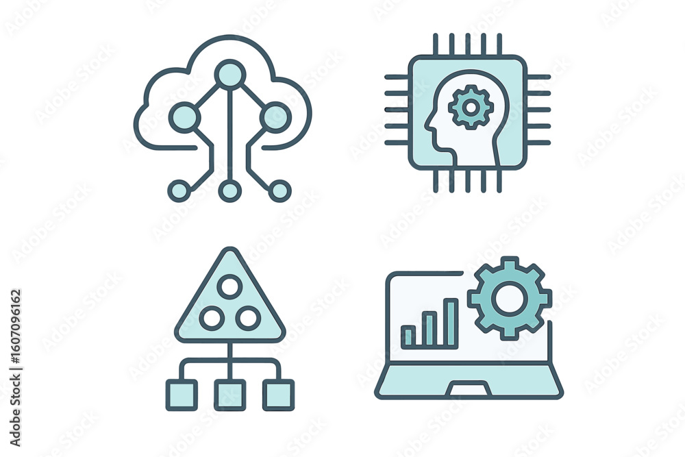 Poster visual representation of interconnected technology concepts featuring cloud computing, artificial in