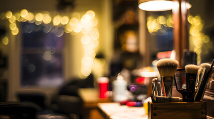 Barber shop scene highlighting hairstyling tools in warm ambient light.