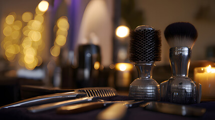 Barber shop scene highlighting hairstyling tools in warm ambient light.