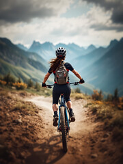 A woman is riding a bike on a dirt road with mountains in the background