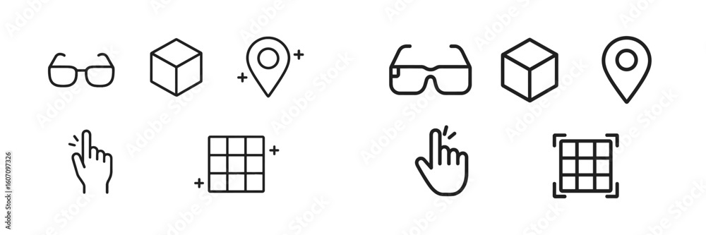 Poster collection of simple line icons representing technology, interaction, and visual elements in a moder