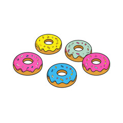 A vibrant assortment of five cartoon-style donuts with pink, yellow, blue, and green frosting and colorful sprinkles.