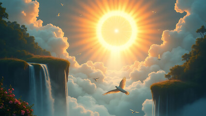 Fantasy Morning Light Bathes Sky Islands and Cascading Falls in Warm Radiance