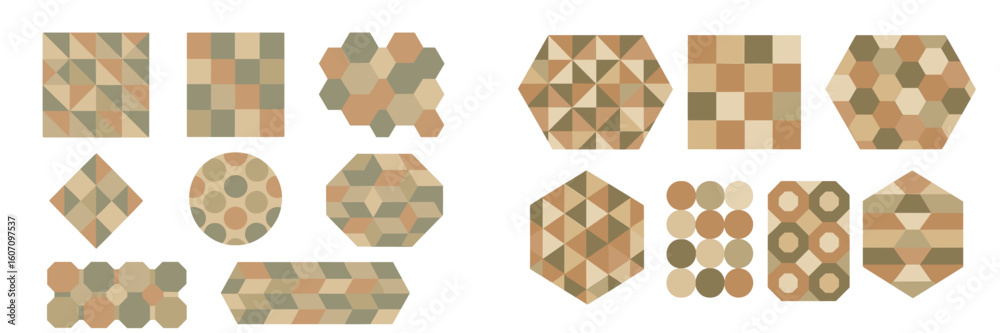 Poster geometric patterns in earthy tones arranged in various shapes and sizes showcasing intricate designs