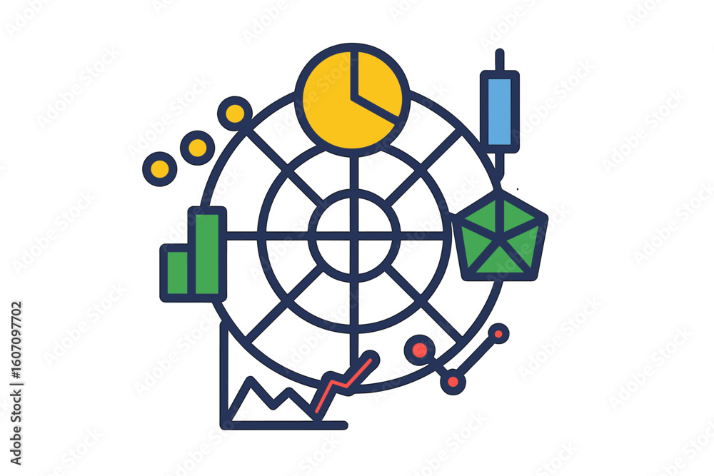 Poster visual representation of financial data analysis with graphs and charts on a colorful background