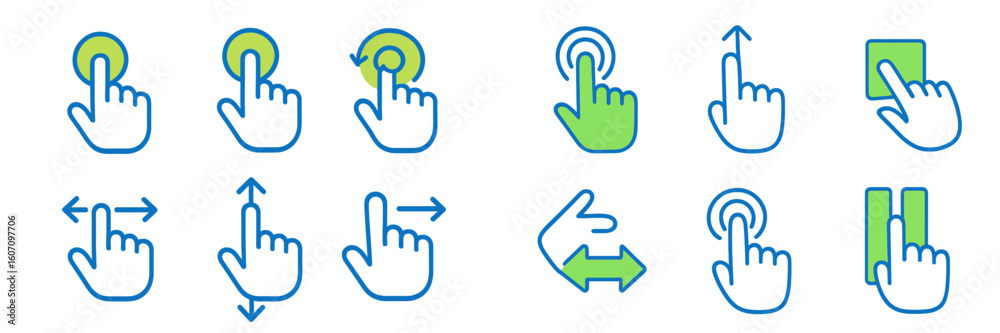 Poster hand gestures for touch screen navigation and interaction in various directions and actions