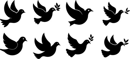 Modern Flying and Sitting Pigeon Silhouette Set