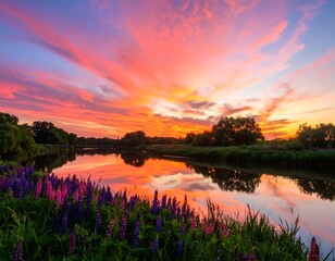 Serene sunset over river with flowers