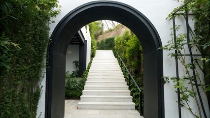 Fototapeta premium A black archway frames a long white staircase leading up through a lush green garden transparent background