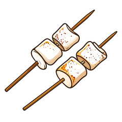Two skewers of lightly toasted, puffy marshmallows with golden-brown spots, cartoon style.