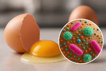 Cracked raw egg on a kitchen counter, with a zoomed-in circle revealing bacteria like salmonella and listeria on the eggshell surface, highlighting food contamination risks from uncooked eggs