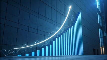 Obraz premium A blue bar graph shows an upward trend with a glowing arrow, indicating business growth and financial success transparent background