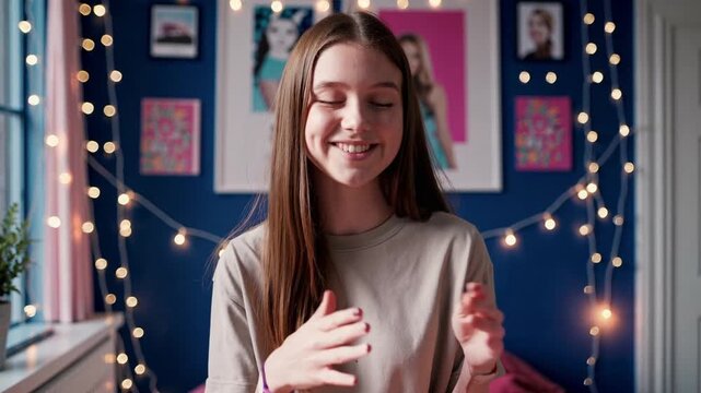 Teenage influencer gesturing while recording online content, sharing lifestyle vlog in bedroom decorated with string lights and posters, engaging digital audience through personal communication