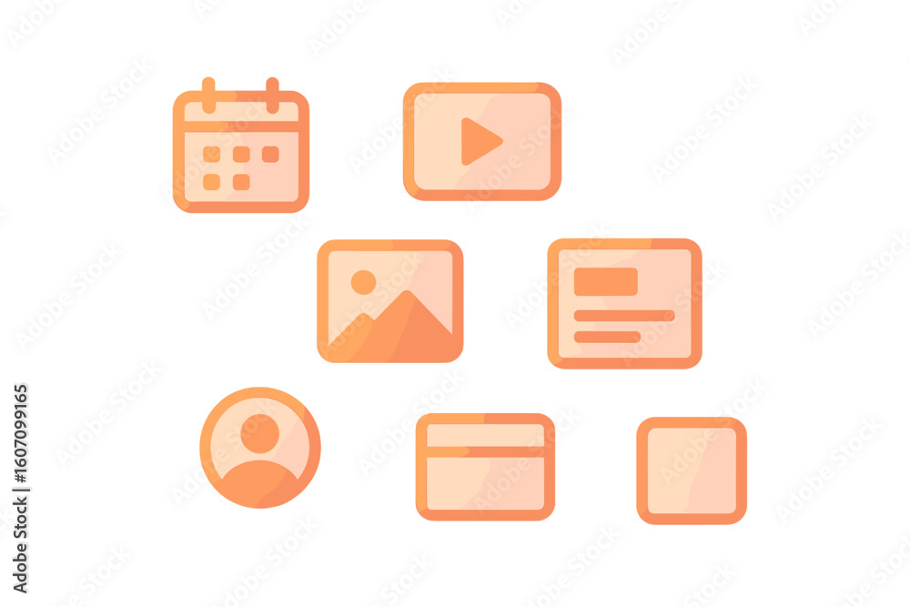 Poster digital icons representing various media types over a white background for user interface design