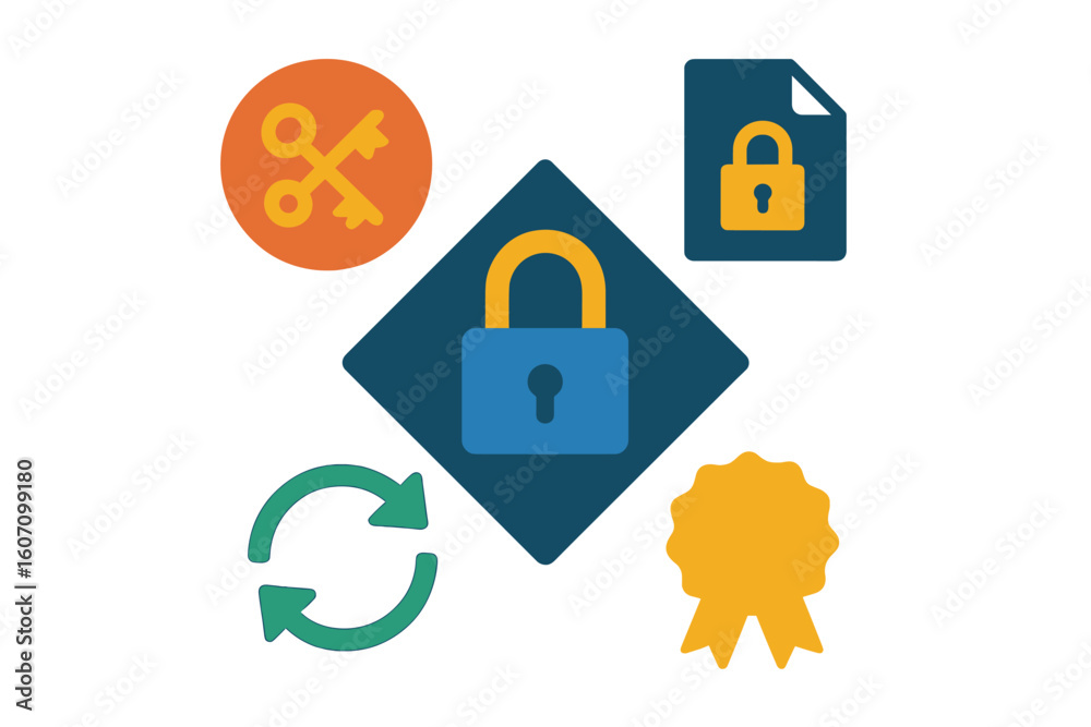 Poster security symbols representing data protection and encryption concepts with modern design elements in