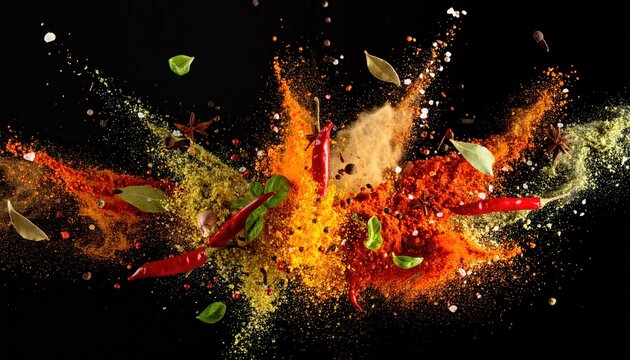 Exploding Spices: Vibrant Chili Peppers, Herbs, and Powders Against Black Backdrop