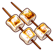 Two skewers of perfectly toasted marshmallows, golden brown and slightly charred, in a clean cartoon style.