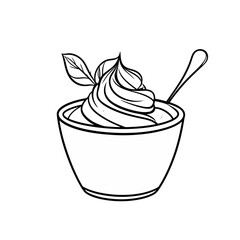 Line art drawing of a dessert bowl with swirled cream, a mint garnish, and a small spoon.