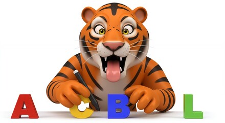 Cartoon tiger playing with alphabet blocks