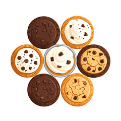 Fototapeta premium A delicious assortment of chocolate chip cookies and a central cupcake with frosting.