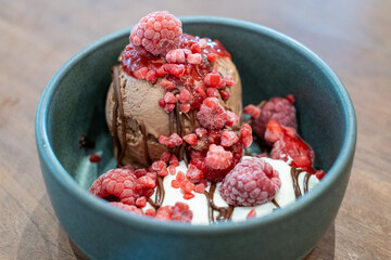 Delicious Chocolate and Vanilla Ice Cream with Raspberries
