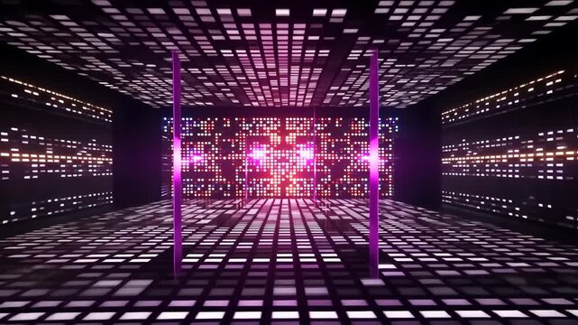Abstract blue binary code tunnel with a digital matrix pattern representing a futuristic technology business concept