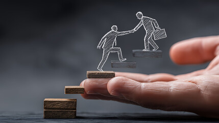 Realistic hand holding chalkboard with businessmen on career steps, one reaching for help, other offering support. Symbolizes mentorship and career progression. Optimistic and encouraging