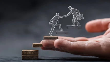 Realistic hand holding chalkboard with businessmen on career steps, one reaching for help, other offering support. Symbolizes mentorship and career progression. Optimistic and encouraging © GreenOptix