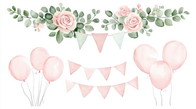 Watercolor Blush Pink Roses, Eucalyptus Greenery, Bunting, and Balloons, Elegant Party Invitation Design