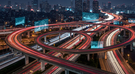Dynamic futuristic cityscape highway interchange with glowing data visualizations at night