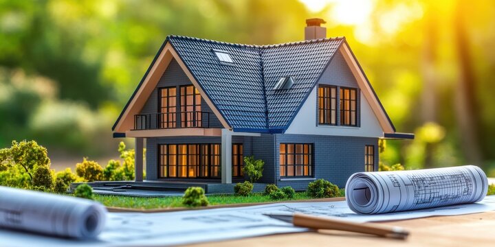 Building a modern dream home architectural model display on blueprints in a lush green environment at golden hour