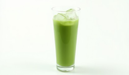 A tall glass filled with green matcha latte and ice cubes on a white background in studio shot